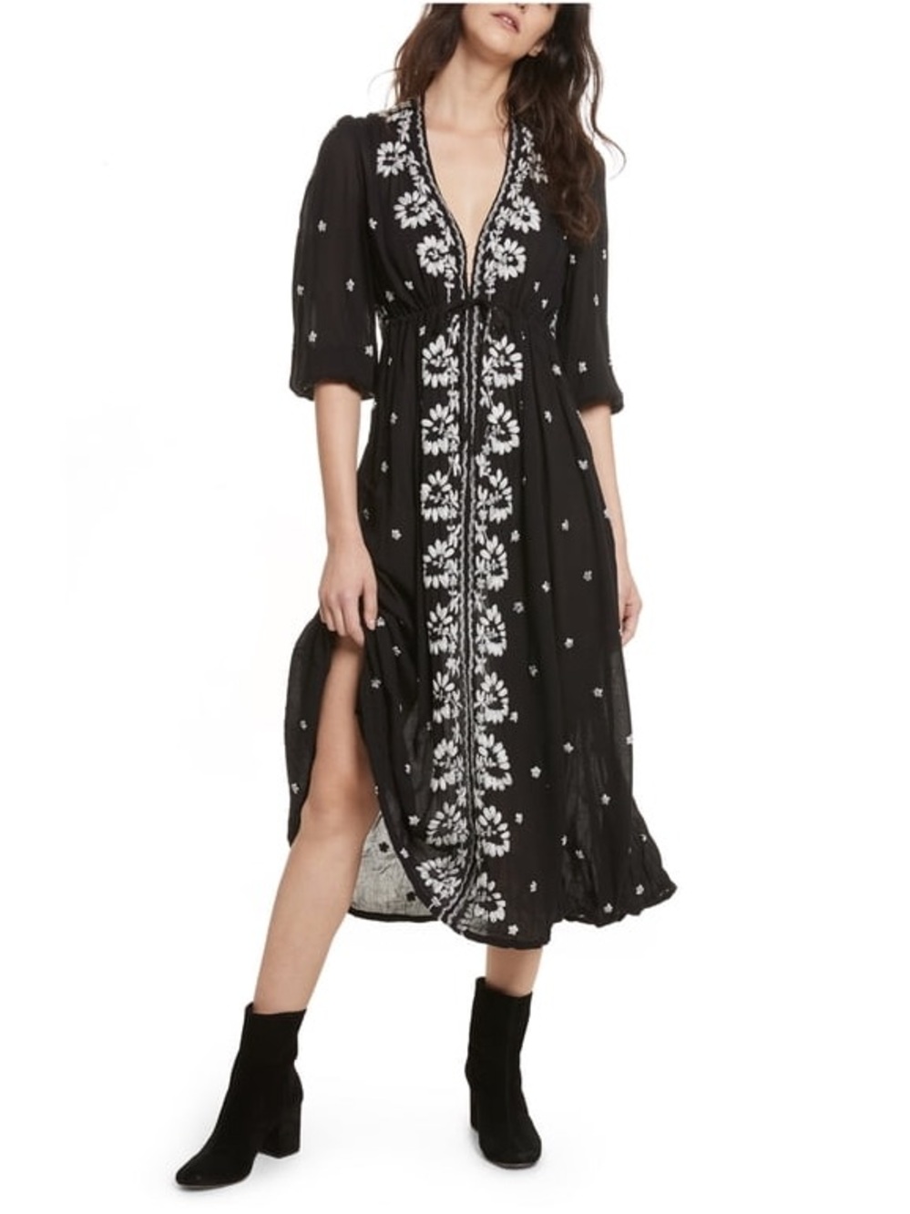 Free People Black Midi Dress with White Floral Embroidery